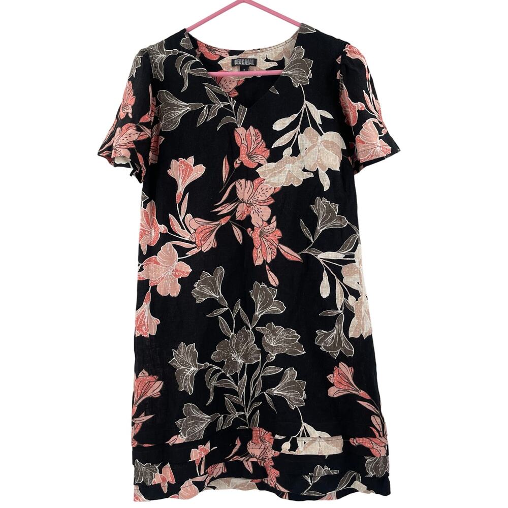 NICOLE MILLER Original Dress Size Small Floral Short Sleeve Linen Blend Black